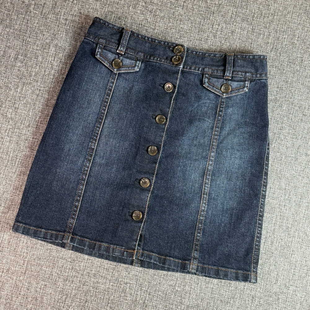 Womens Ann Taylor Denim Skirt | Size 4P | Dark Wash Button Front Mini Skirt